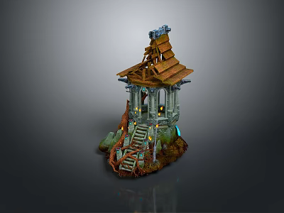 Ancient Ruined 3D Tower Model With Wooden Roof Stone Stairs And Glowing Lights 3d model
