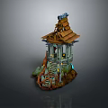 Ancient Ruined 3D Tower Model With Wooden Roof Stone Stairs And Glowing Lights
