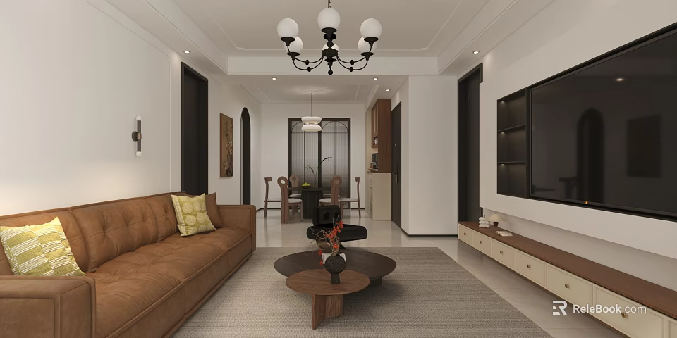 Modern Dining and Living Room Interior Design With Brown Sofa Round Coffee Table And Chandelier 3d model 