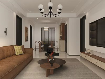 Modern Dining and Living Room Interior Design With Brown Sofa Round Coffee Table And Chandelier 3d model