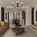 Modern Dining and Living Room Interior Design With Brown Sofa Round Coffee Table And Chandelier