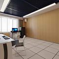 Modern Classroom Interior With Blue Ceiling White Tables Chairs And Screens