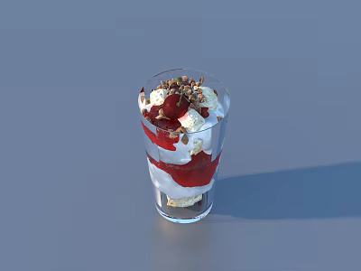Delicious Layered Parfait in Glass with Cream Strawberry Sauce Cookie Crumbs and Cherry Toppings 3d model