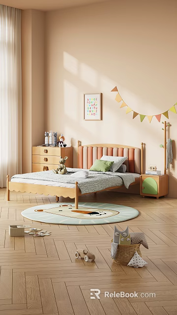 Cozy Kids Bedroom Wooden Bed Upholstered Headboard Green Pillow Cartoon Rug Alphabet Art Colorful Bunting 3d model 