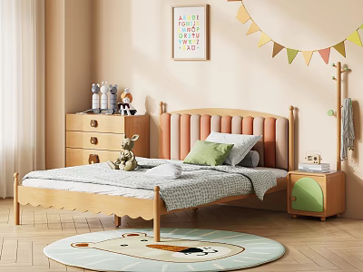 Cozy Kids Bedroom Wooden Bed Upholstered Headboard Green Pillow Cartoon Rug Alphabet Art Colorful Bunting 3d model