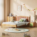 Cozy Kids Bedroom Wooden Bed Upholstered Headboard Green Pillow Cartoon Rug Alphabet Art Colorful Bunting