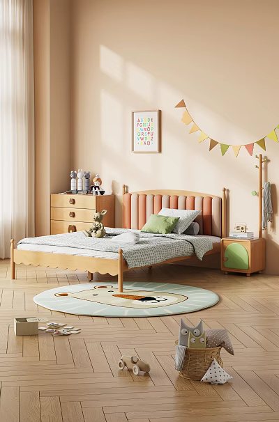 Cozy Kids Bedroom Wooden Bed Upholstered Headboard Green Pillow Cartoon Rug Alphabet Art Colorful Bunting 3d model