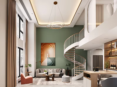 Duplex Living Room With Green Wall Spiral Staircase Modern Chandelier Sofa And Decorative Painting 3d model