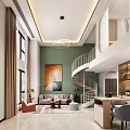 Duplex Living Room With Green Wall Spiral Staircase Modern Chandelier Sofa And Decorative Painting