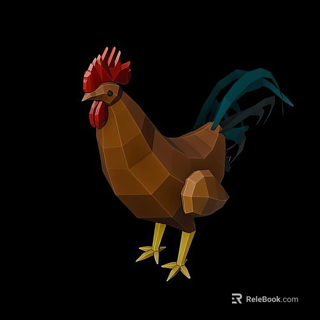 Low Poly Rooster Sculpture With Red Comb Brown Body And Colorful Tail 3d model 