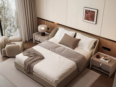 Modern Bedroom Interior Design With Cozy Bed Nightstands Lamp And Snowy Window View 3d model