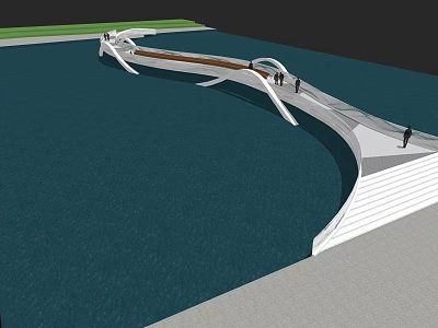 Modern Landscape Bridge With White Curved Structure Over Water And People Walking 3d model