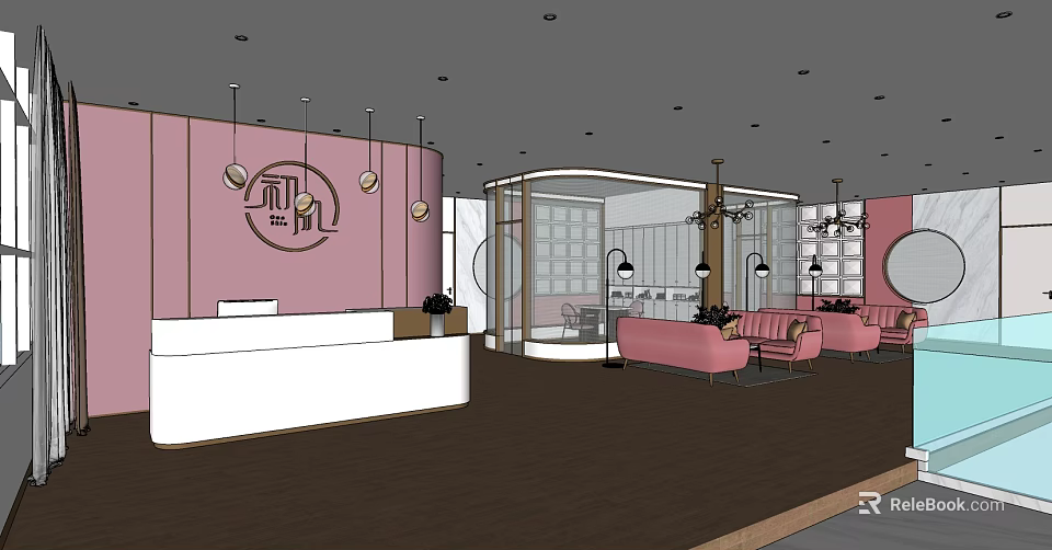 Modern Beauty Hair Salon Interior With Pink Theme White Reception Desk Pink Sofas And Chandeliers 3d model 