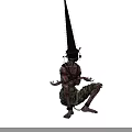 Game and Movie Characters With Spiked Conical Heads And Wrapped Bodies In Eerie Sitting Posture