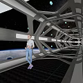 Futuristic Tech Inspired Passage With Geometric Metal Frames LED Lighting And Glass Panels