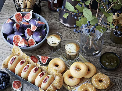 Tasty Brunch Spread With Fresh Figs Donuts Cappuccino Pastries Blackberries And Olive Spread 3d model