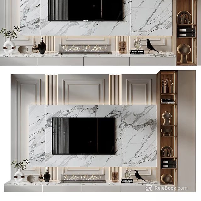 Modern Marble TV Background Wall Interior Design With Built-in Shelves And Decorative Elements 3d model
