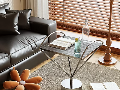 Modern Metal Base Side Table With Open Book Glass And Bottle Near Leather Sofa 3d model