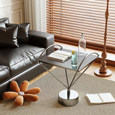 Modern Metal Base Side Table With Open Book Glass And Bottle Near Leather Sofa 3d model