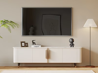Modern White TV Stand With Photo Frames Books Decorative Figurine And Floor Lamp 3d model