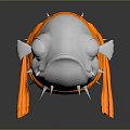 Silver Fish Head 3D Model With Orange Strap And Spikes On Metallic Reflective Surface 3d model