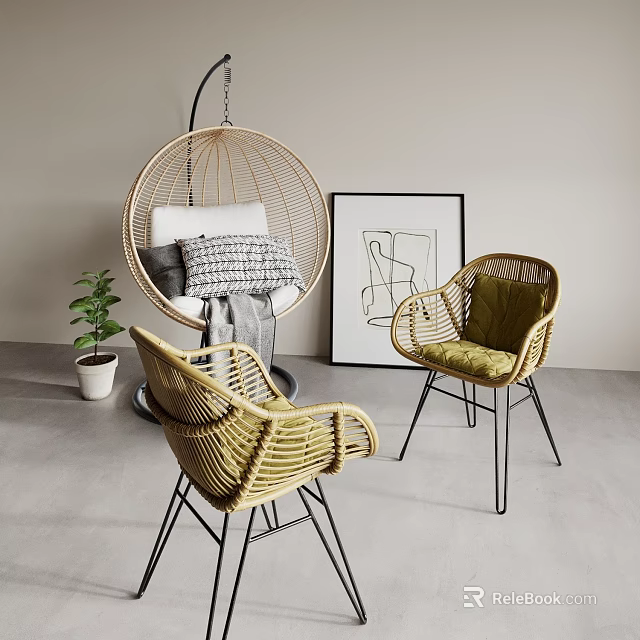 Modern Minimalist Rattan Leisure Chairs With Hanging Design Green Cushion And Potted Plant Decorative Artwork 3d model 