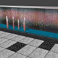 Modern Water Feature Wall With Water Golden Light Spots And Copper Columns On Gray Tiles