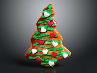 Christmas Tree Shaped Gingerbread Decorated With Green Icing And Red White Heart Candies 3d model