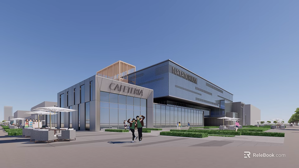 Malibu Gallery CAITHERA Modern Building With Glass Facade Wooden Roof And Outdoor Area 3d model 