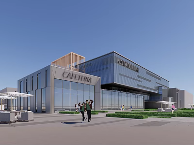 Malibu Gallery CAITHERA Modern Building With Glass Facade Wooden Roof And Outdoor Area 3d model
