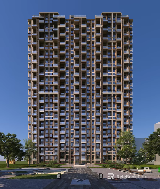 Modern High Rise Residential Building Facade With Windows Balconies And Surrounding Trees 3d model 