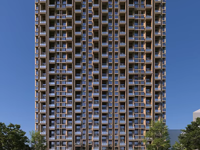Modern High Rise Residential Building Facade With Windows Balconies And Surrounding Trees 3d model
