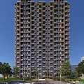 Modern High Rise Residential Building Facade With Windows Balconies And Surrounding Trees