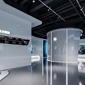 Innovative Tech Exhibition Hall Featuring Circular Stand Globe Digital Screens Data Charts Reflective Floor And Metallic Lights