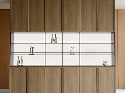 Modern Luxury Wooden Sideboard with Glass Shelves Wine Bottles and Decorative Items 3d model