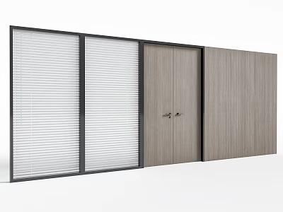 Modern Partition Wall With Glass Blinds Panels Wooden Sections And Black Metal Frame 3d model