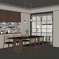 French Middle Style Restaurant Dining Table and Chair Combination Sideboard Chandelier Rectangular Dining Table Single Chair Dried Branches and Flowers 3d model