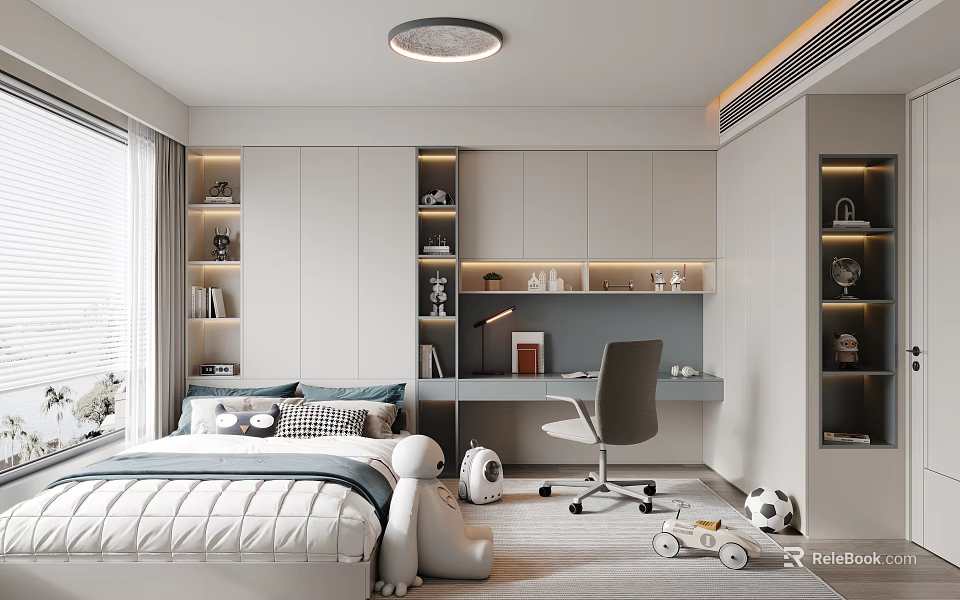 Modern Tatami Bedroom Interior Design With Bed Desk Chair Storage Shelves And Toys 3d model 