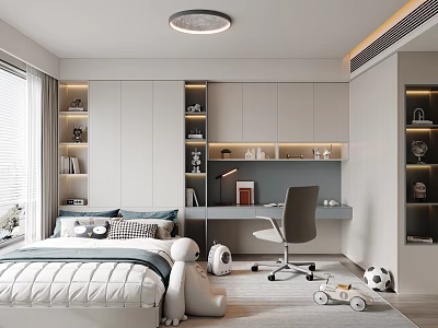 Modern Tatami Bedroom Interior Design With Bed Desk Chair Storage Shelves And Toys 3d model