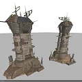 Two Rustic Stacked Tower Structures With Weathered Metal Parts And Sandy Stone Bases