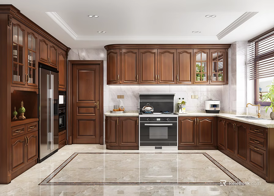 Classic Kitchen Interior With Wooden Cabinets Stainless Steel Appliances And Marble Floor 3d model 