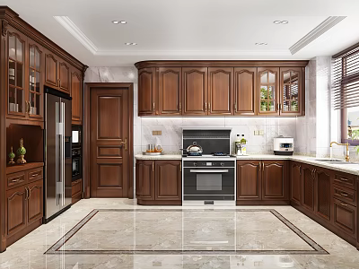 Classic Kitchen Interior With Wooden Cabinets Stainless Steel Appliances And Marble Floor 3d model