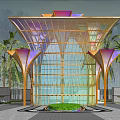 Modern Colorful Glass Pavilion With Metal Frame And Surrounding Palm Trees