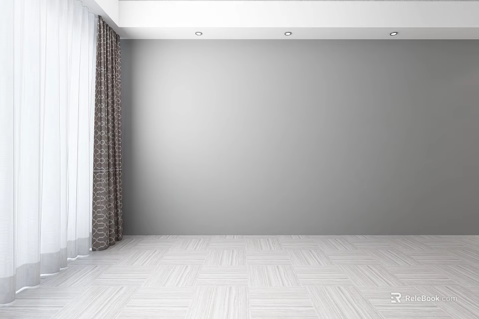 White and Brown Patterned Curtains in Modern Interior with Gray Walls and Light Wooden Floor 3d model 