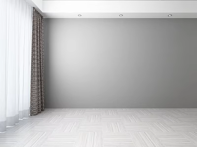 White and Brown Patterned Curtains in Modern Interior with Gray Walls and Light Wooden Floor 3d model