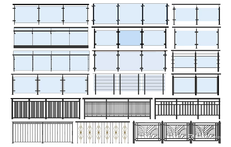 Different Fence Styles Featuring Glass Panels Metal Railings And Decorative Patterns 3d model 