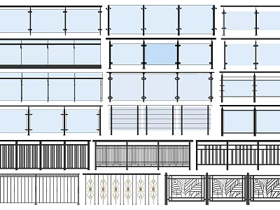 Different Fence Styles Featuring Glass Panels Metal Railings And Decorative Patterns 3d model