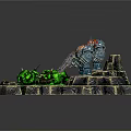 Two Armored Robots Battling Green Creatures On Rock Platform With Green Ooze