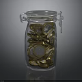 Clear Glass Jar With Metal Clasp Filled With Golden And Silver Coins