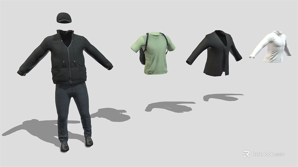 Fashionable Men's Clothing Collection With Black Hoodie Green T Shirt Cardigan And Cap 3d model 